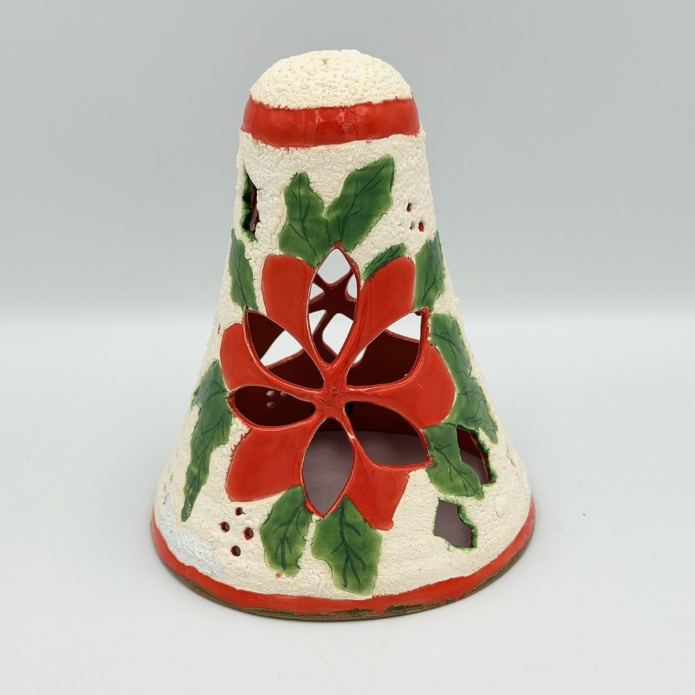 VTG 1978 Poinsettia Ceramic Candle Lantern Christmas Luminary Tea Light Decor
